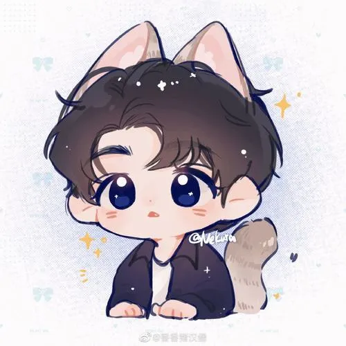 21 Ảnh nền pastel cậu bé tóc nâu đen đeo tai mèo ngồi thu mình trên nền xanh nhạt, mắt tròn và chiếc đuôi nhỏ phía sau làm hình vẽ nam mini đáng yêu hơn hẳn