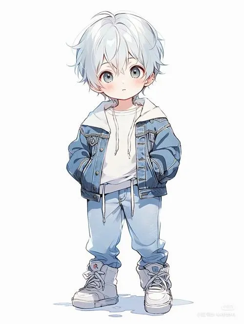 25 Ảnh nền profile cậu bé chibi tóc trắng mặc áo denim xanh và quần jean nhạt, đứng giữa nền trắng với dáng hơi nghiêng làm tổng thể trẻ trung và rất hợp ảnh đại diện