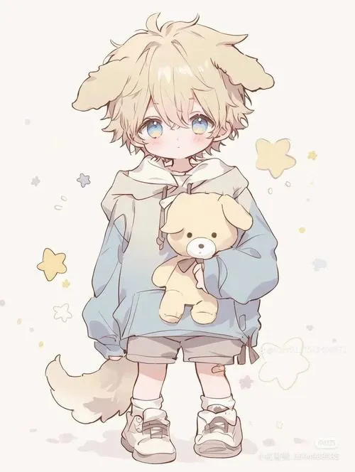 26 Nhân vật chibi nam tóc vàng xù ôm gấu bông trước ngực, áo xanh nhạt và tông kem mơ màng khiến khung hình trông êm, đẹp và ngọt như tranh sưu tầm