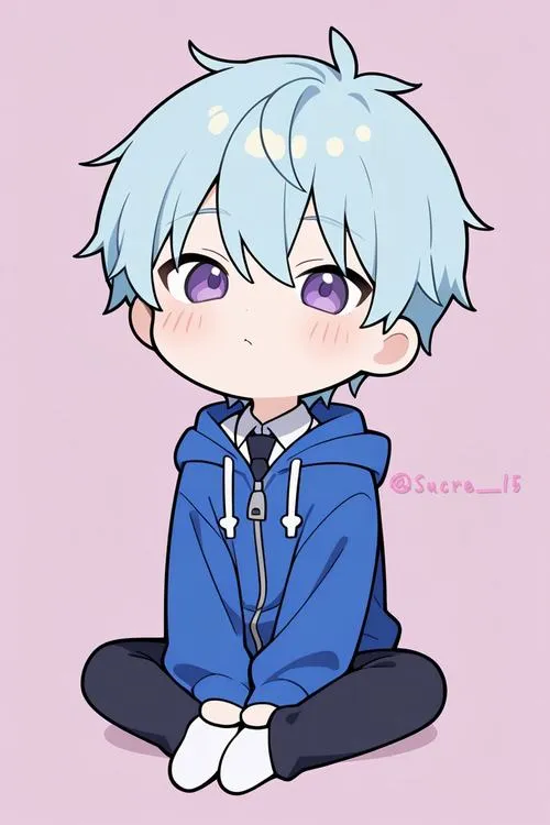 27 Hình nền anime cậu trai tóc xanh da trời ngồi bệt trên nền hồng tím, áo hoodie xanh và đôi mắt tím nhạt tạo nên một avatar nam hoạt hình mini gọn gàng, cute