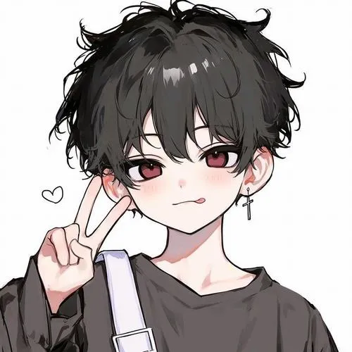 28 Cậu bé tóc đen rối giơ tay chữ V sát má, mắt đỏ hồng và áo đen trễ vai nhẹ khiến ảnh chàng trai chibi đẹp này có nét ngầu nhưng vẫn mềm và dễ nhìn
