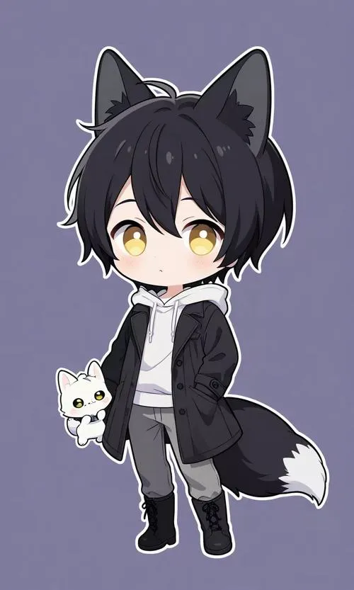 29 Ảnh nền dễ thương nhân vật chibi tai mèo đen đứng trên nền tím xám, áo tối màu và đôi mắt vàng làm hình vẽ chàng trai nhỏ bé trông lém lỉnh như một linh vật nhỏ