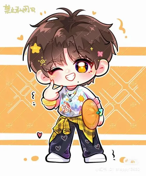 4 Hình vẽ chàng trai nhỏ bé tóc nâu mặc áo vàng cam đứng nghiêng cầm món đồ nhỏ, má ửng hồng và nền sáng làm cả ảnh trông tươi như một buổi chiều vui