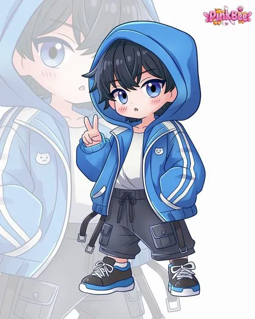 5 Ảnh bìa cậu bé chibi mặc hoodie xanh dương đứng trong khung dọc, tay bỏ túi và đôi giày đồng màu khiến bố cục gọn mắt, hợp làm hình chibi nam dễ thương