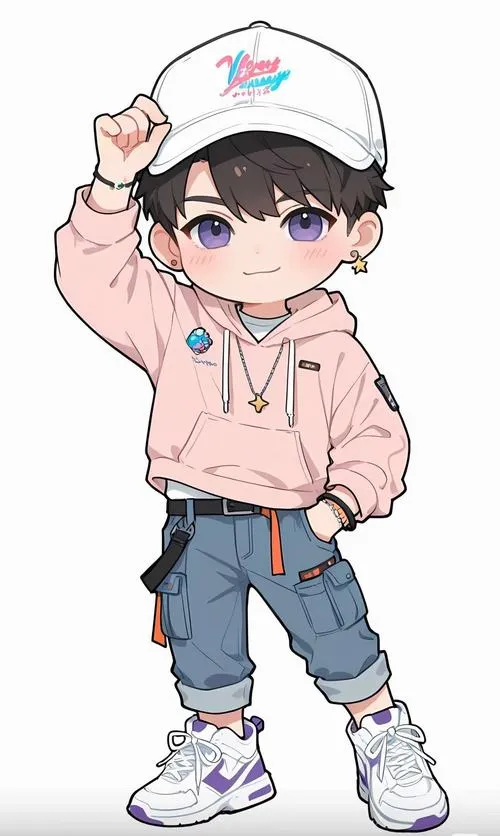 6 Nhân vật nhí đội mũ lưỡi trai phối áo hoodie hồng và quần jeans xắn gấu, dáng đứng thoải mái cùng tông màu nhạt khiến khung hình trông êm và rất gần gũi