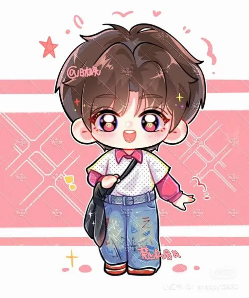 7 Hình nền điện thoại cậu trai chibi tóc nâu má đỏ đứng giữa nền hồng kẻ sọc, áo trắng phối quần yếm xanh tạo cảm giác ngọt nhẹ như sticker đáng yêu