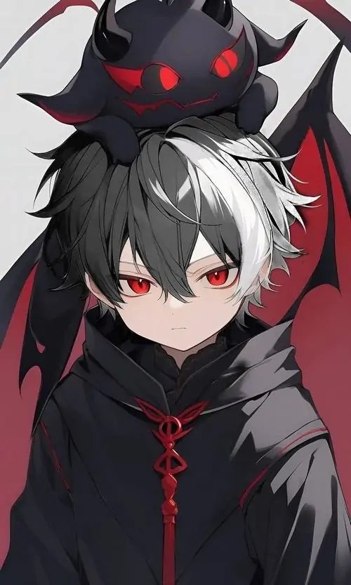 9 Chibi nam tóc hai màu mặc áo choàng đen viền đỏ, cặp sừng nhỏ và nền đỏ sẫm khiến gương mặt nhợt cùng đôi mắt đỏ trở nên sắc hơn hẳn trong bố cục cận bán thân
