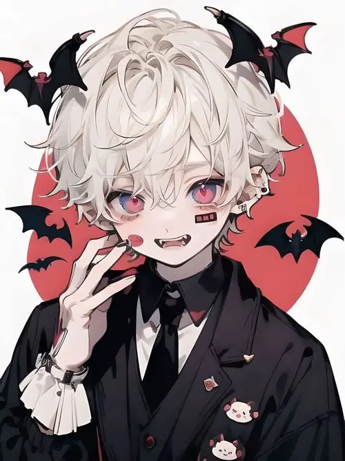 10 Cậu chibi tóc trắng xoăn nhẹ mặc vest đen sơ mi trắng, hai cánh dơi nhỏ sau đầu và nụ cười hé răng khiến hình mẫu nam tí hon thần thái vừa sang vừa tinh quái