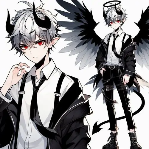 11 Nhân vật tóc trắng đen trong áo sơ mi cà vạt đứng trước đôi cánh thiên thần và ác quỷ, tông trắng đen mạnh tay làm hình nam mini cá tính này nổi rất rõ