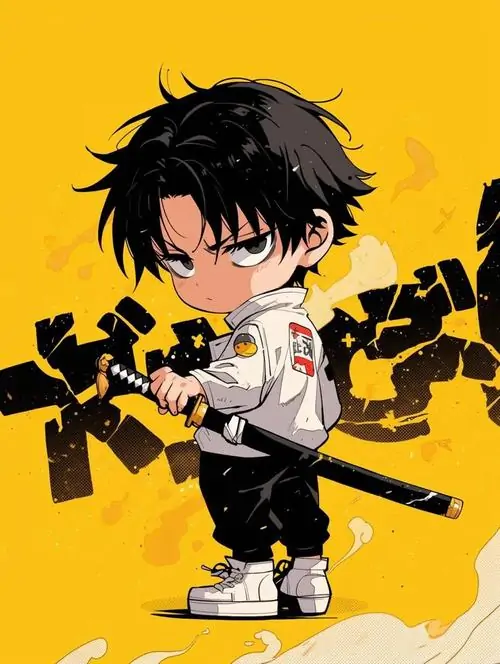 12 Chibi nam tóc đen rũ mái đứng trên nền vàng chói, tay cầm thanh kiếm ngắn và bóng đen phía sau hất lên cảm giác mạnh mẽ đúng kiểu nhân vật nam tí hon chất chơi