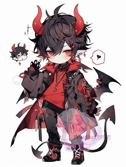 13 Cậu bé sừng đỏ mặc đồ đỏ đen đứng giữa cụm dơi nhỏ, tóc tối che trán và dáng hơi xoay người làm bức ảnh có vẻ nghịch ngợm nhưng vẫn giữ nét lạnh lùng