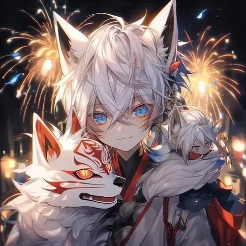 14 Gương mặt chibi tóc trắng sáng lên giữa pháo hoa vàng, áo lông dày và mắt xanh trong khiến khung hình giống chân dung mùa đông, mềm hơn nhưng vẫn rất có gu