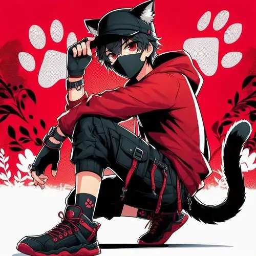 15 Một chibi nam đội mũ lưỡi trai ngồi xổm trên nền đỏ rực, đuôi mèo cong ra sau và áo đỏ đồng điệu làm hoạt họa nam phong cách này nhìn phát là nhớ ngay