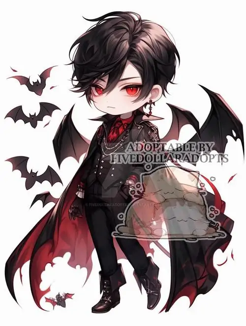 16 Cậu bé tóc nâu tím đứng hơi nghiêng với đôi cánh dơi nhỏ sau lưng, áo choàng đen đỏ bay nhẹ và ánh mắt đỏ làm tổng thể gọn mà sắc