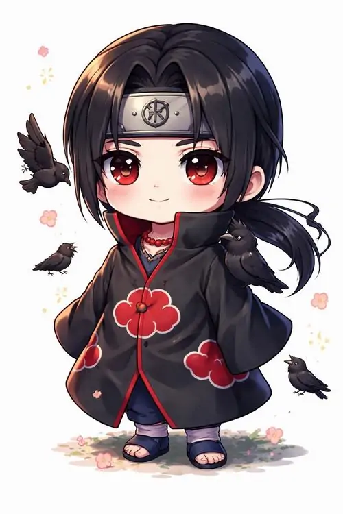 18 Cô đọng trong nền trắng, chibi tóc đen mặc áo tối có hoa đỏ trước ngực đứng yên với vài cánh dơi quanh người, bố cục tối giản làm gương mặt tròn càng nổi