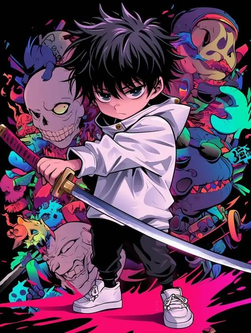 1 Chàng trai chibi tóc đen đứng giữa mảng màu tím hồng rực, tay cầm kiếm dài trước ngực, áo trắng nổi bật trên nền dày chi tiết làm hình nam mini cá tính trông rất gắt