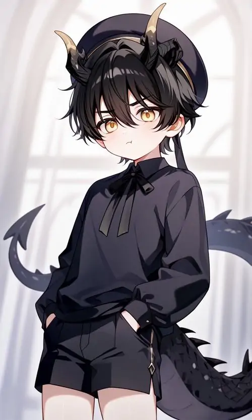 19 Chàng trai chibi mặc áo đen ngắn, tai mèo trên đầu và đuôi dài phía sau, dáng đứng thẳng trên nền nhạt tạo cảm giác ít lời mà vẫn đủ cá tính