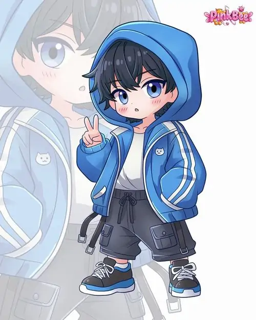 21 Chibi mặc áo hoodie xanh kéo mũ kín đầu đứng lọt thỏm ở góc trái, nền mờ cùng bản phác lớn phía sau làm khung hình như một tấm sticker rất gọn mắt