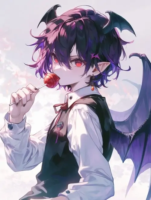 22 Cậu bé tóc tím đen quay nửa người trong áo sơ mi sáng, phía sau là cánh dơi mỏng và nền nhòe hồng tím khiến hình vẽ nam tí hon cực chất này có vẻ mơ màng khác hẳn