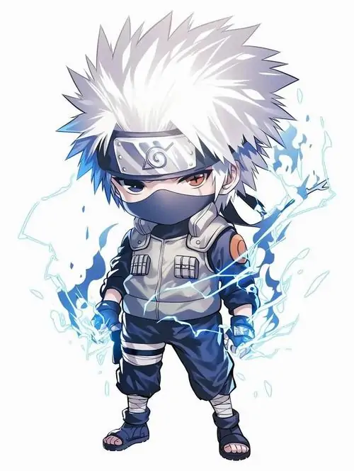 24 Chibi ninja tóc trắng dựng nhẹ đứng trong luồng sáng xanh, áo quần xanh xám ôm gọn và một mắt bị che tạo nên hình nam mini cá tính có độ nhận diện rất cao
