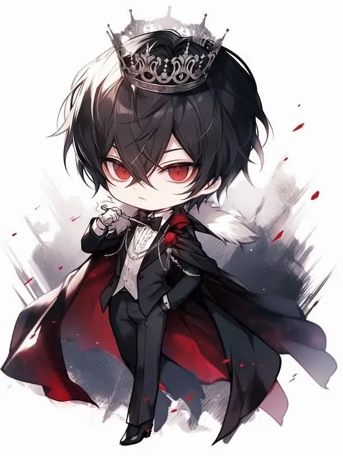26 Chibi tóc đen xám mặc áo choàng đỏ đen đứng giữa mảng lông tối, mắt đỏ nhìn xéo và nền sáng nhạt giúp nhân vật nhỏ vẫn giữ được độ sắc lạnh rõ rệt