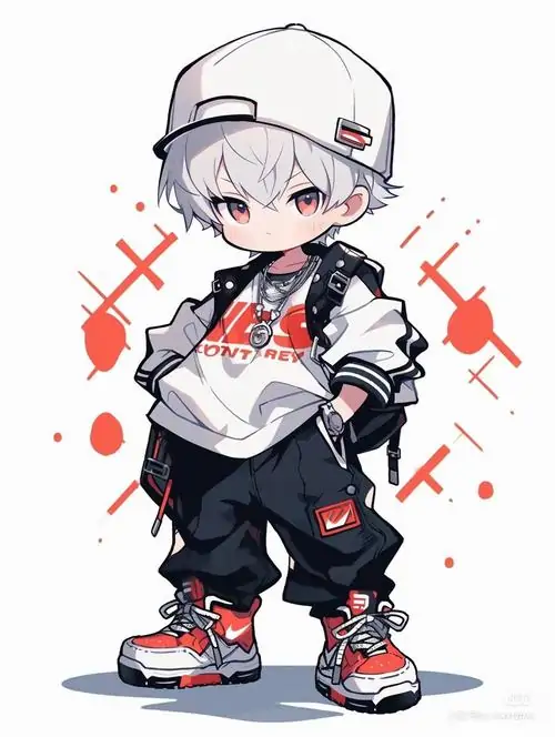 28 Cậu chibi tóc bạc đội mũ trắng đứng nghiêng trong bộ đồ thể thao xanh đỏ, nền trắng với vài nét đỏ giúp dáng người nhỏ hiện ra rất gọn và hiện đại