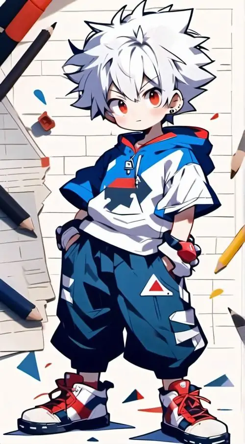 2 Cậu bé tóc trắng dựng nhẹ nghiêng người trong bộ đồ xanh trắng, giày đỏ nổi rõ trên nền sọc đơn giản, ảnh nhân vật nam nhỏ bé lạnh lùng này thiên về nét trẻ nhưng vẫn có độ chất