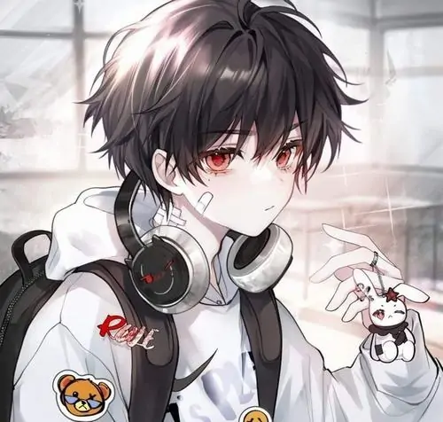 30 Chàng trai chibi tóc nâu sẫm nhìn sang bên trong áo khoác xám trắng, tai nghe đặt quanh cổ và nền cửa sổ mờ khiến hình mẫu nam tí hon thần thái trông đời hơn hẳn