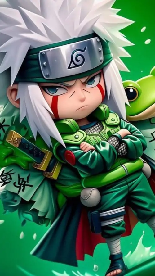 3 Nhân vật chibi đội băng trán ninja ngồi co chân trong áo choàng xanh, tay đặt gần đầu gối và mắt nhìn nghiêng, tổng thể gọn mà đậm chất hoạt họa nam phong cách