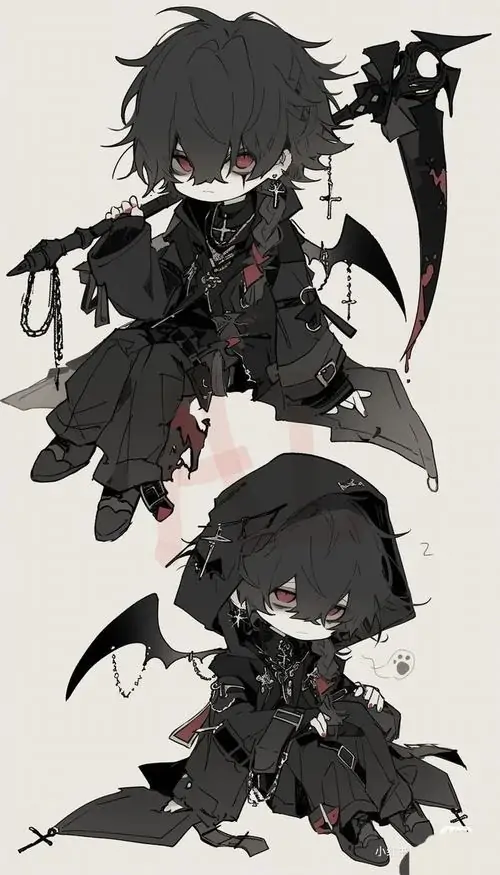 4 Một chibi nam tóc đen khoác đồ tối màu đứng lặng với lưỡi hái lớn phía sau, khung dọc trắng xám làm dáng người nhỏ càng cô độc và lạnh theo kiểu rất riêng