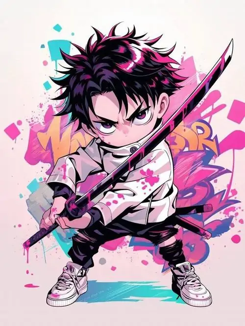 5 Cậu chibi tóc đen rối cầm kiếm chéo trước người, nền hồng pha tím bắn màu loang mạnh khiến hình vẽ nam tí hon cực chất này vừa sáng vừa có lực