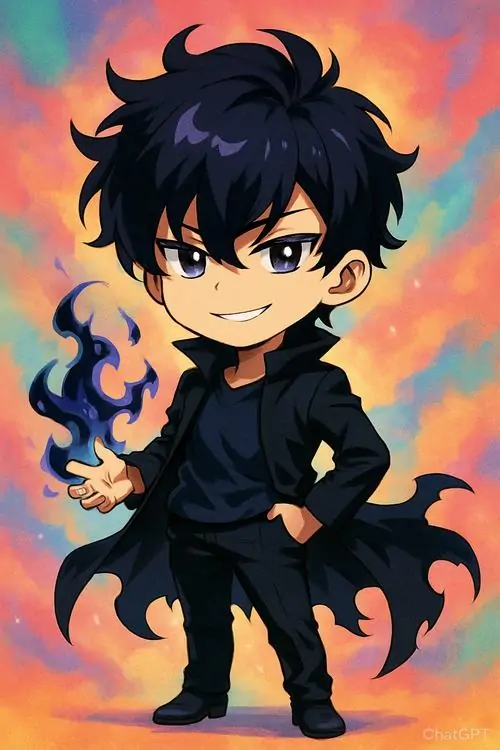 6 Nhân vật nam đầu xù đứng chống nạnh trên nền hoàng hôn cam xanh, bộ đồ đen ôm gọn thân hình nhỏ tạo cảm giác tự tin rất hợp kiểu ảnh nam cách điệu cực ngầu