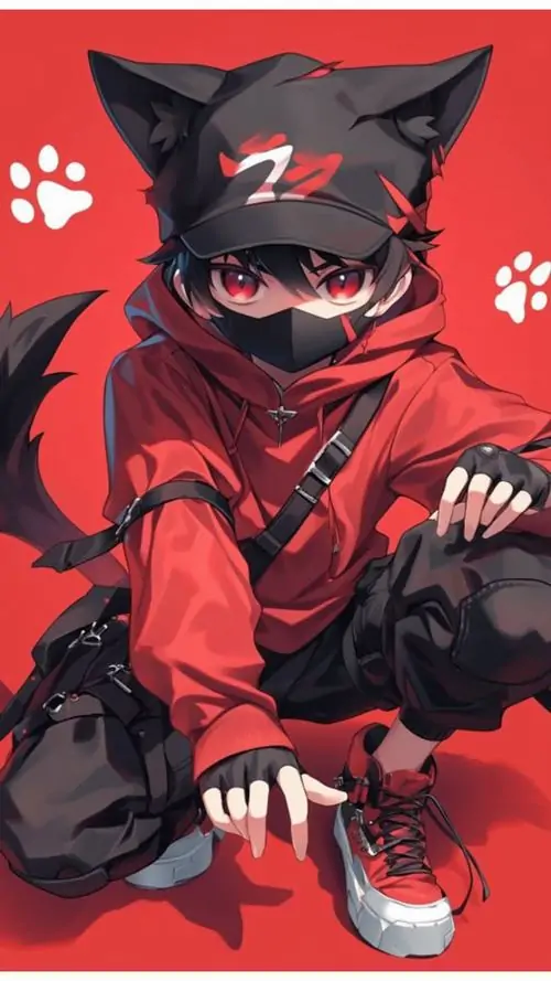 7 Chibi nam mang tai mèo ngồi thu mình trong bộ đồ đỏ đen, khẩu trang che nửa mặt và nền đỏ có dấu chân trắng khiến khung hình trông nghịch mà vẫn lạnh