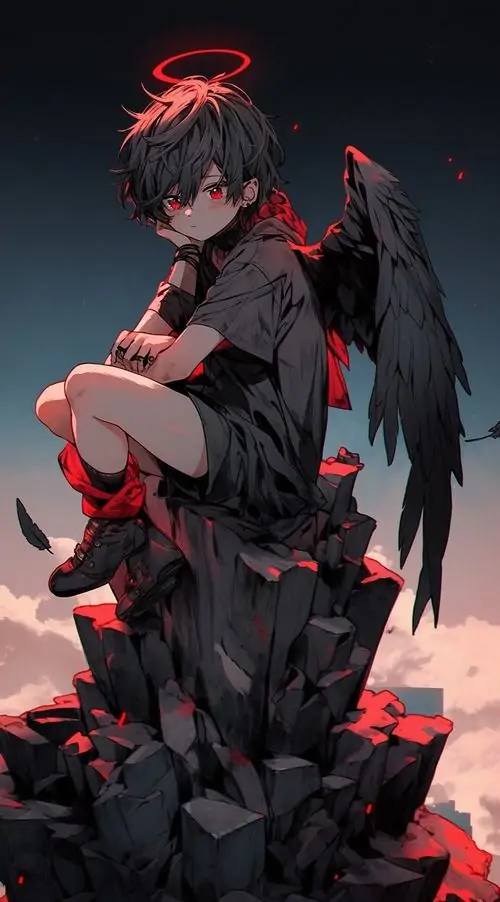 8 Một cậu bé tóc đen ngồi gập gối giữa nền tối, áo choàng rách và vòng sáng đỏ trên đầu làm ảnh đại diện nam tí hon ngầu này mang vẻ tĩnh nhưng rất căng