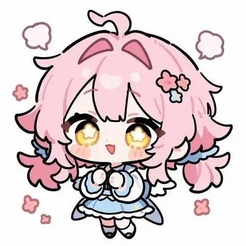 17 Nhân vật tí hon với tóc hồng xoăn ngắn, mắt vàng và váy xanh viền trắng đứng giữa nền đơn giản, mang hơi hướng Hello Kitty pha chất doodle, tạo nên một hình ảnh dễ thương, tươi sáng và rất playful