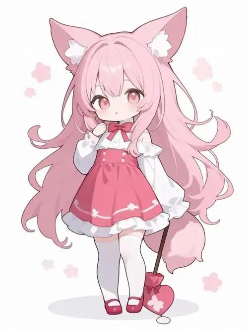 26 Ảnh bé chibi ngồi yên trong trang phục đỏ hồng với tóc dài suôn, hai tay đặt lên đùi và nét mặt hiền khiến tổng thể trông nền nã, hợp cho ai thích chibi nữ màu tím pastel nhưng muốn tông hồng rõ hơn