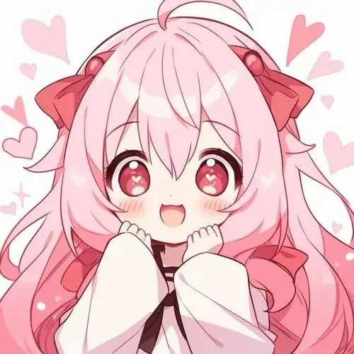 18 Bé gái tóc hồng dài cùng hai chiếc nơ đỏ ôm má cười rạng rỡ, xung quanh là tim nhỏ bay lên, làm nổi bật má bánh bao và sắc hồng dâu ấm áp khiến tổng thể vừa cute vừa cực kỳ ngọt ngào