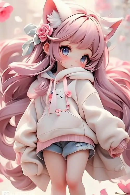 1 Ảnh chibi nữ tóc hồng phấn đứng trong áo hoodie rộng và quần short, dáng nhỏ xinh giữa nền sáng, gợi cảm giác dễ thương và mềm mại như một nhân vật chibi nữ vừa bước ra từ thế giới kẹo bông
