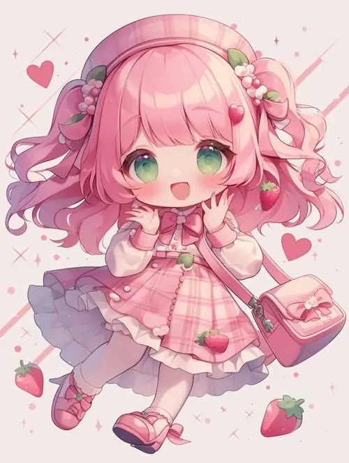 2 Bé gái tí hon với mái tóc hồng bồng bềnh ôm túi nhỏ và mặc váy caro nhiều tầng, xung quanh lấp lánh trái tim, tạo vibe ảnh chibi kẹo ngọt nữ rất cute, ngọt lịm và vui tươi