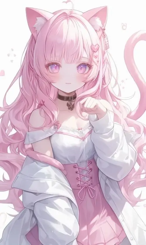 3 Hình chibi bé gái màu hồng xuất hiện với tai mèo, váy trắng hồng và đôi mắt khép nhẹ, tổng thể trong trẻo như chibi nữ phong cách công chúa đang đứng yên trong một khung hình mơ mộng đầy dịu dàng