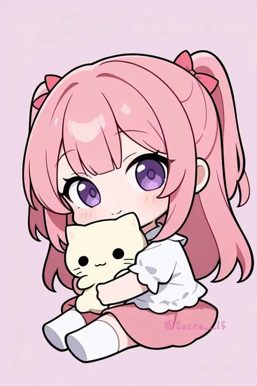 5 Avatar chibi cô gái ôm gấu bông nhỏ, ngồi gọn với tóc hồng buộc lệch và đôi mắt tím nhạt, tạo cảm giác gần gũi, nữ tính và thư giãn như một ảnh cô gái chibi hồng dễ thương dùng làm ảnh đại diện