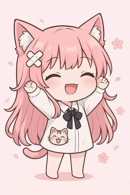 6 Nhân vật tí hon tai mèo nháy mắt trong váy trắng nơ đen, đứng giữa nền hồng tối giản, đem lại độ ngọt thị giác cao và cảm xúc vui vẻ như một sticker chibi dễ thương rất đẹp cho ngày nhẹ tênh