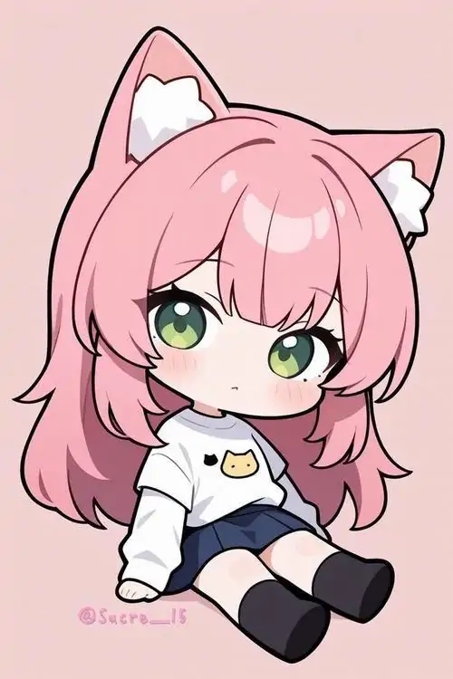 7 Hình nền chibi nữ ngồi nghiêng với tóc hồng ngắn, tai mèo và mắt xanh lá, phối đồ xanh trắng gọn gàng, gợi liên tưởng anime nữ tóc hồng theo kiểu mềm mắt, playful và cực hợp cho màn hình điện thoại