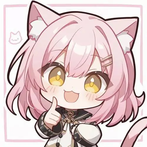 9 Minh họa chibi cận mặt tai mèo với tóc hồng kem, mắt vàng tròn và nụ cười rạng rỡ, thêm động tác giơ ngón tay đáng yêu, khiến khung hình vừa cute vừa tươi như avatar nữ phong cách ngọt ngào