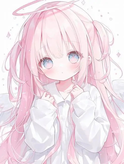 10 Cô bé tóc trắng hồng mặc áo rộng, ôm tay trước ngực giữa nền sáng mờ, mang sắc thái dịu dàng và thư giãn, hợp với phong cách ảnh chibi nữ tông hồng thiên về cảm xúc mềm, yên và hơi mơ màng