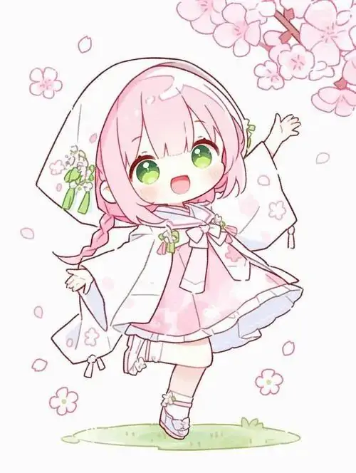 11 Bé chibi váy trắng đứng giữa khung viền hoa anh đào, tóc hồng nhạt và mắt xanh non làm bật vẻ trong trẻo, khiến hình chibi bé gái màu hồng này giống một lát cắt nhỏ của mùa xuân rất đẹp