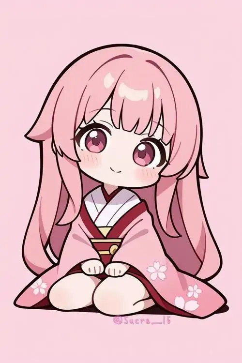 15 Ảnh bé chibi ngồi xếp chân trong trang phục đỏ hồng, tóc dài rủ gọn và biểu cảm hiền làm tổng thể trông nữ tính, mềm và nhẹ, như một chibi nữ màu tím pastel vừa đổi sang gam hồng dịu hơn
