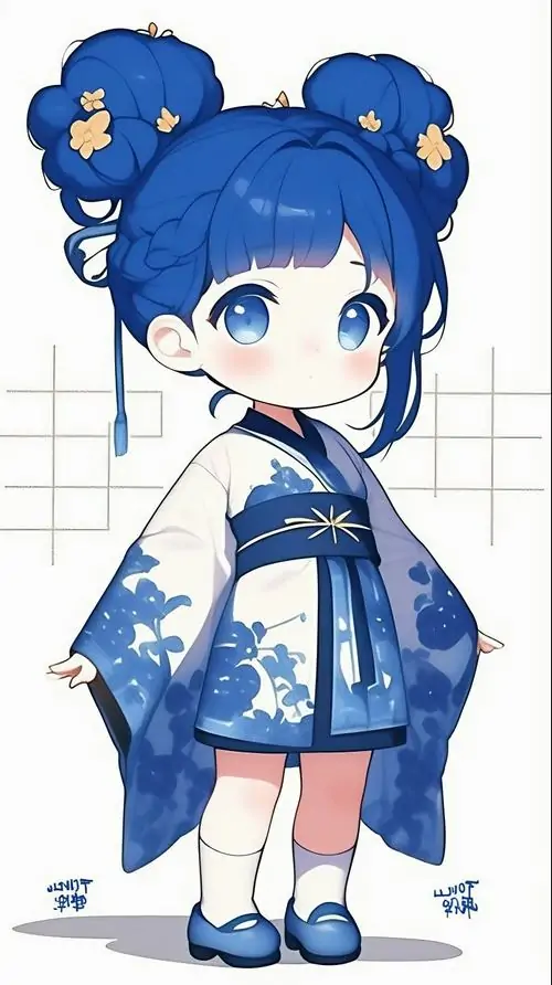 11 Hình chibi bé gái diện bộ đồ Kimono cách điệu với hai búi tóc xanh thẫm phối cùng đôi giày cổ ngắn xinh xắn tạo nên một vẻ đẹp vừa truyền thống vừa hiện đại vô cùng tinh tế và hút mắt người nhìn.