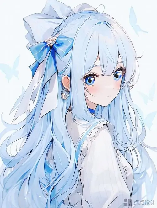 14 Nhân vật hoạt họa sở hữu mái tóc dài mượt mà điểm xuyết bằng chiếc nơ to bản màu xanh biển đang nhìn thẳng vào ống kính với đôi mắt chứa đại dương bao la đầy sự trong trẻo và hồn nhiên đáng yêu vô cùng.