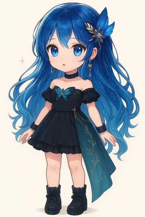 17 Ảnh chibi cô gái có mái tóc xanh dài mượt mà diện chiếc đầm đen phối xanh huyền bí tạo nên một phong cách thanh lịch nhưng không kém phần dễ thương với đôi ủng nhỏ nhắn bước đi đầy tự tin và duyên dáng.